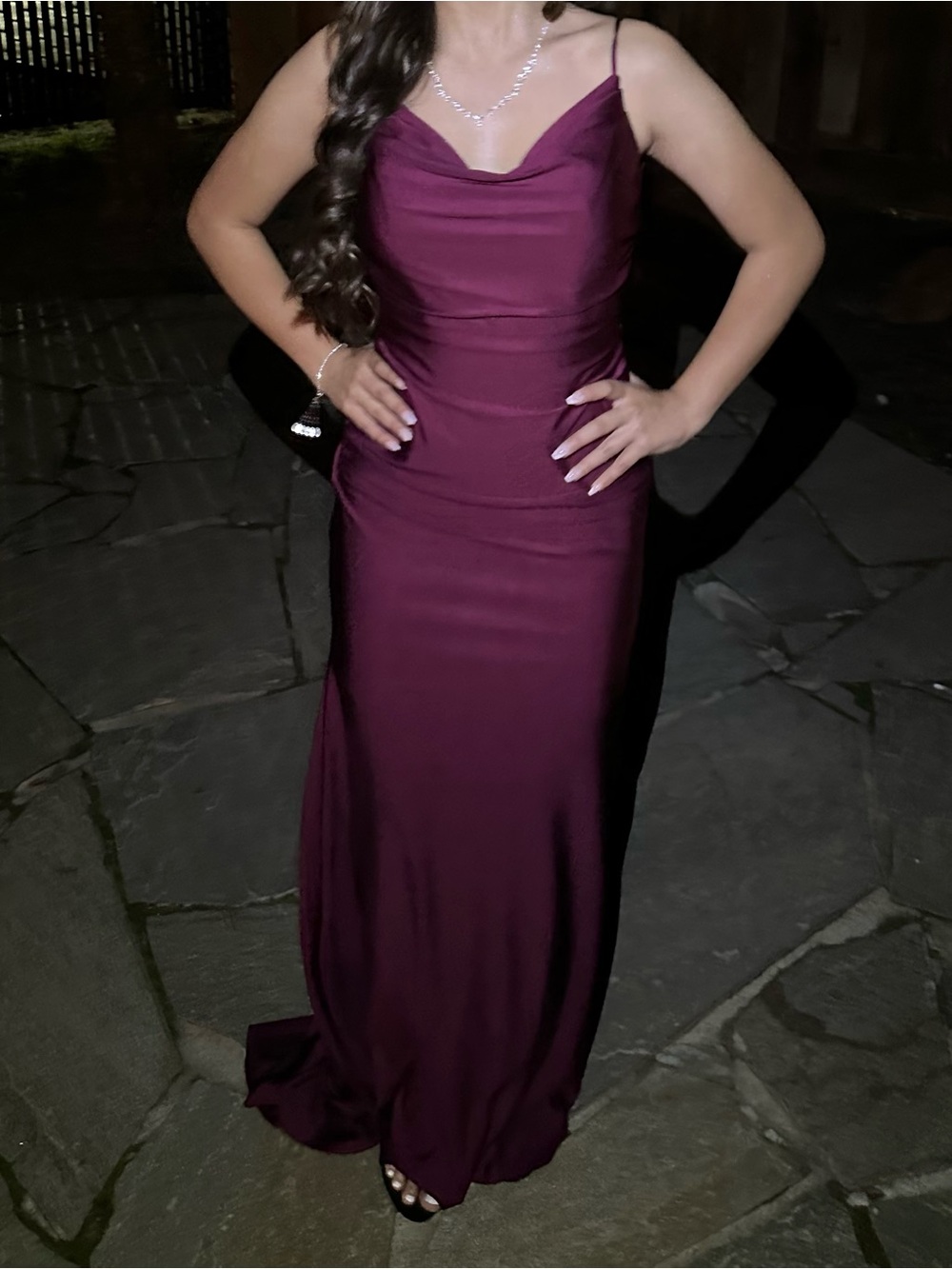 Reagan Formal Satin Low Back Mermaid Dress Plum color